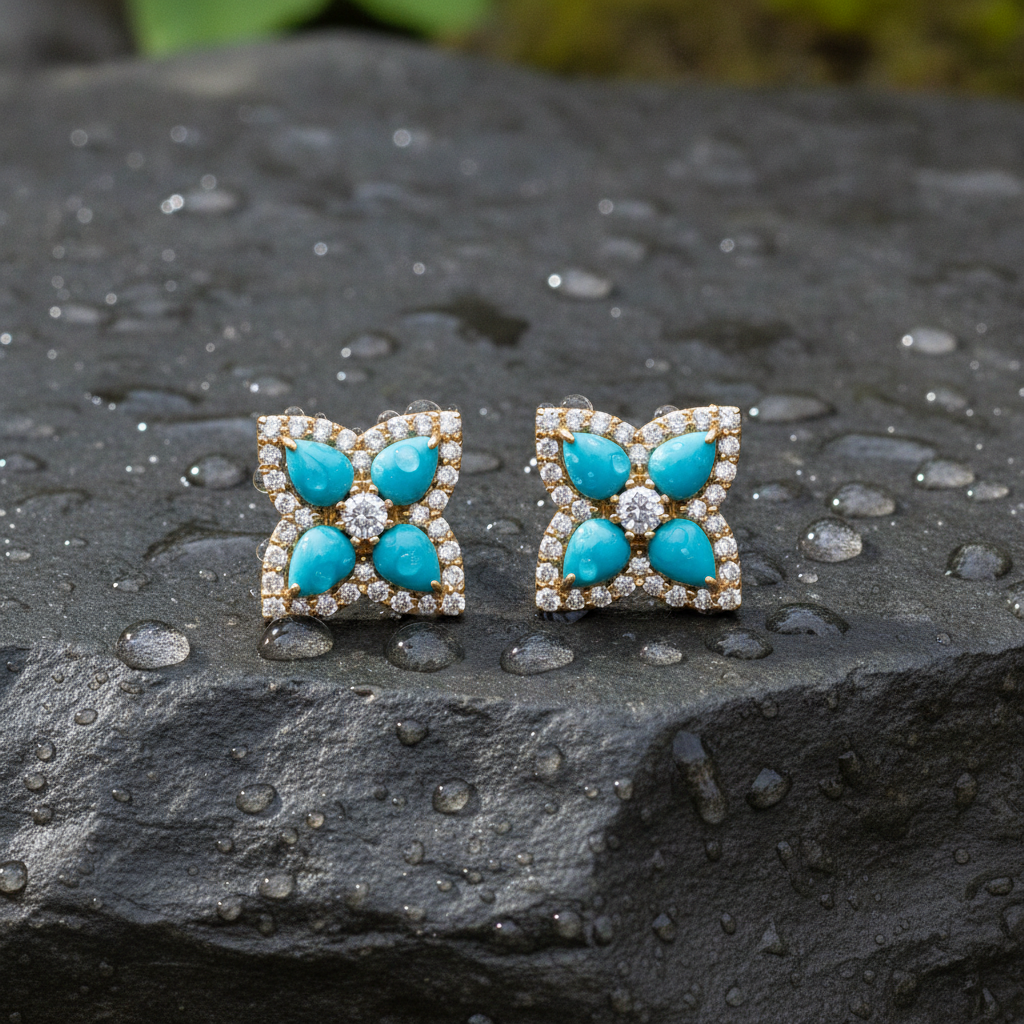 CE97451TQ4X3. 14K Solid Yellow Gold Diamond and Turquoise Flower Stud Earring