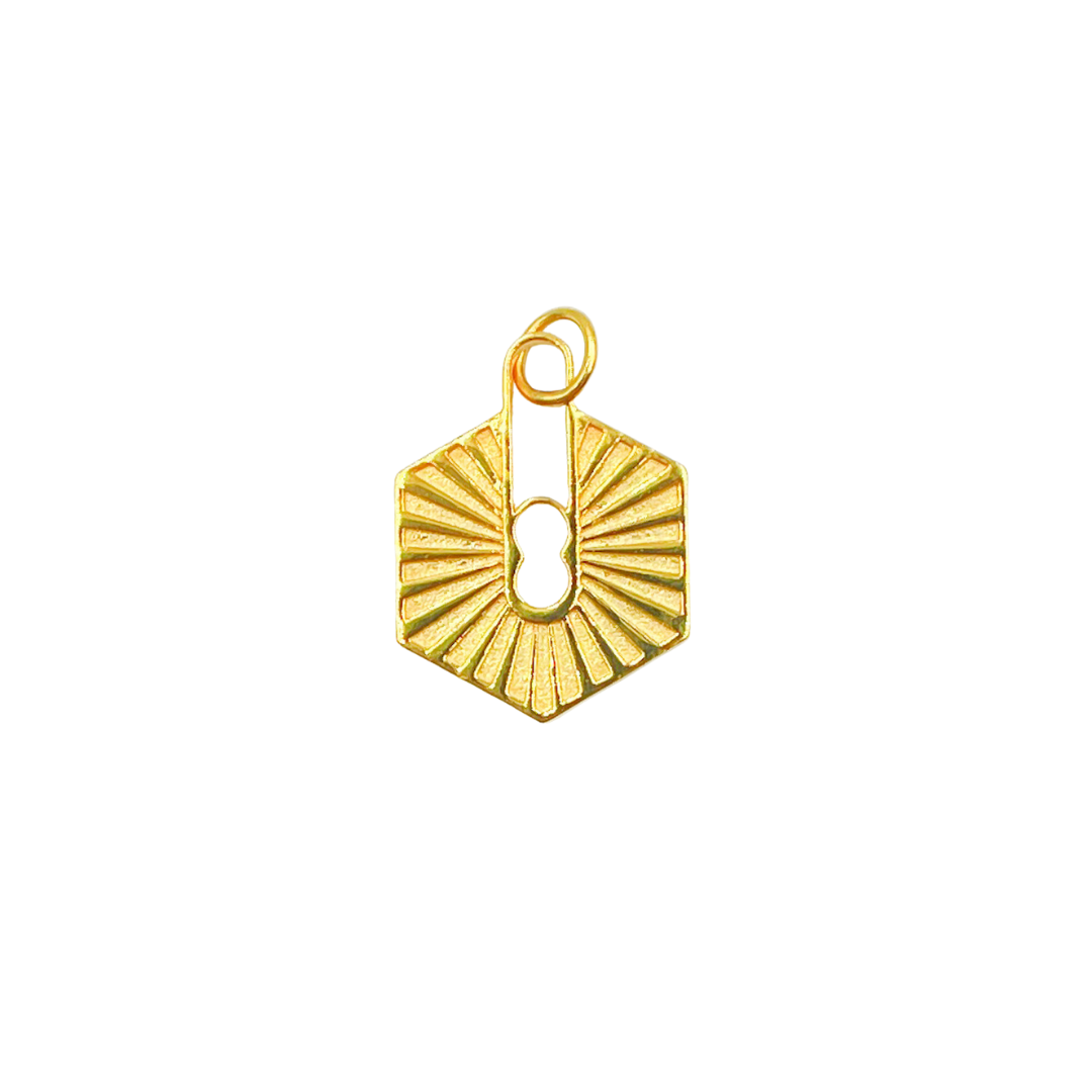 14K Solid Gold Charm. Hexagonal Pendant with Diamonds. GDP209