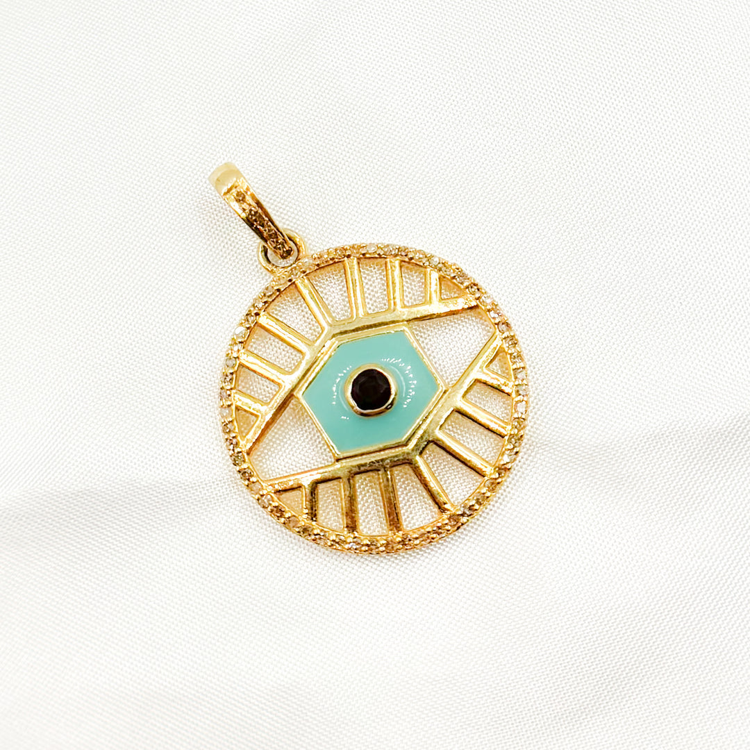 DP850A. Diamond Sterling Silver Round Eye Enamel Pendant with Gemstone