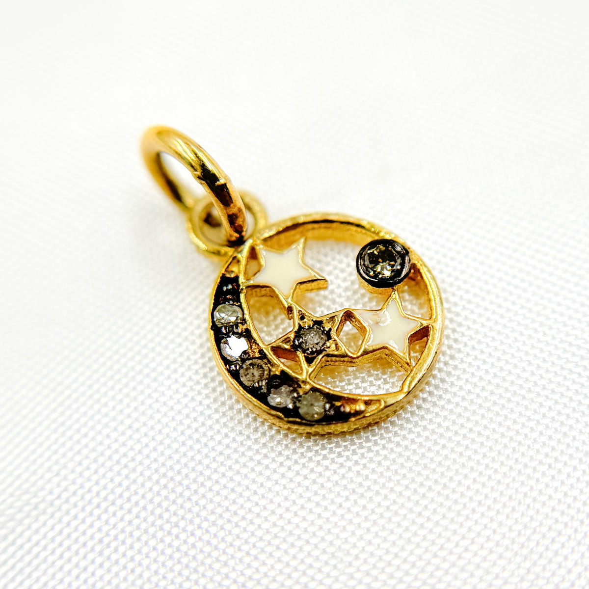 Diamond Sterling Silver Round Moon and Star Enamel Charm