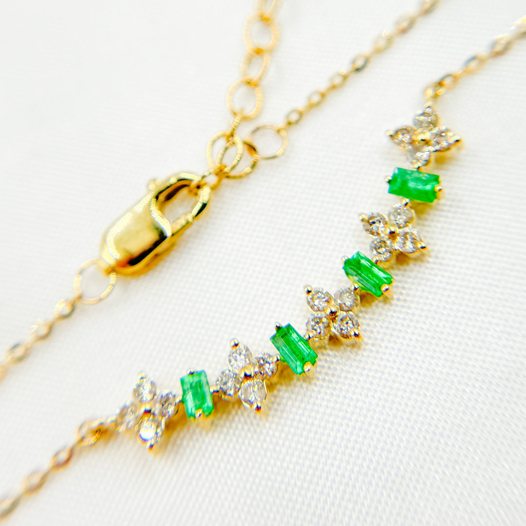 14K Solid Gold Diamond and Gemstone Flower & Baguette Necklace. NFE71566