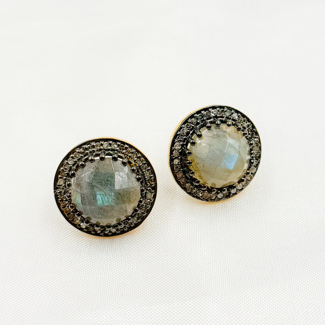 DE043. Diamond Silver Gemstone Round Studs