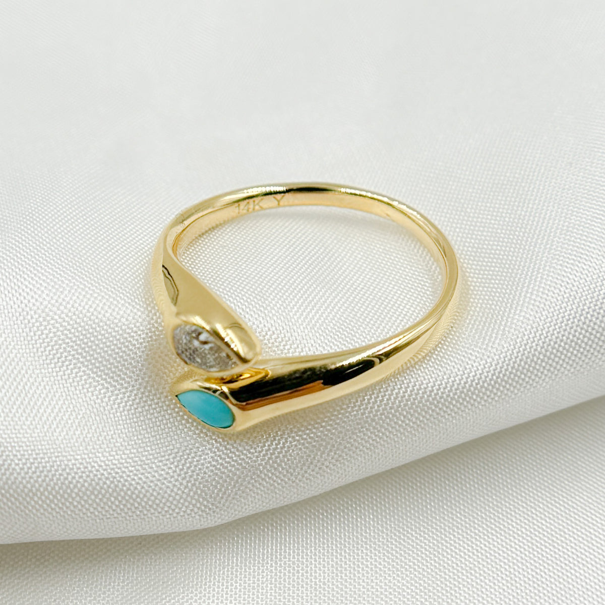 14k Solid Gold Turquoise and Diamond Drops Ring