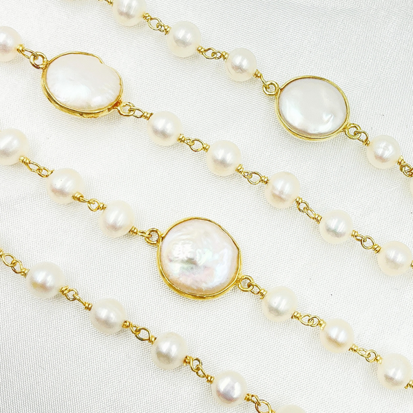 White Freshwater Pearl Organic and Bezel Round Shape Wire Wrap Chain