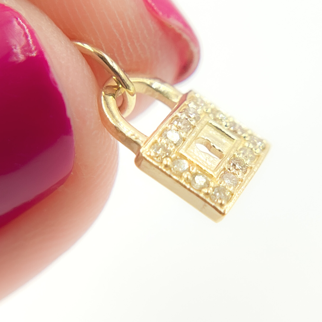 14K Solid Gold Diamond Lock Charm. GDP440