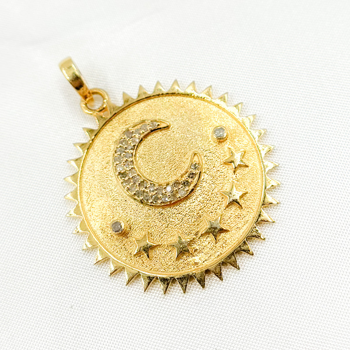 Diamond Sterling Silver Round Moon and Stars Pendant