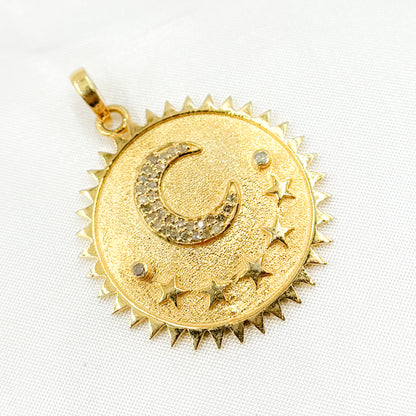 Diamond Sterling Silver Round Moon and Stars Pendant