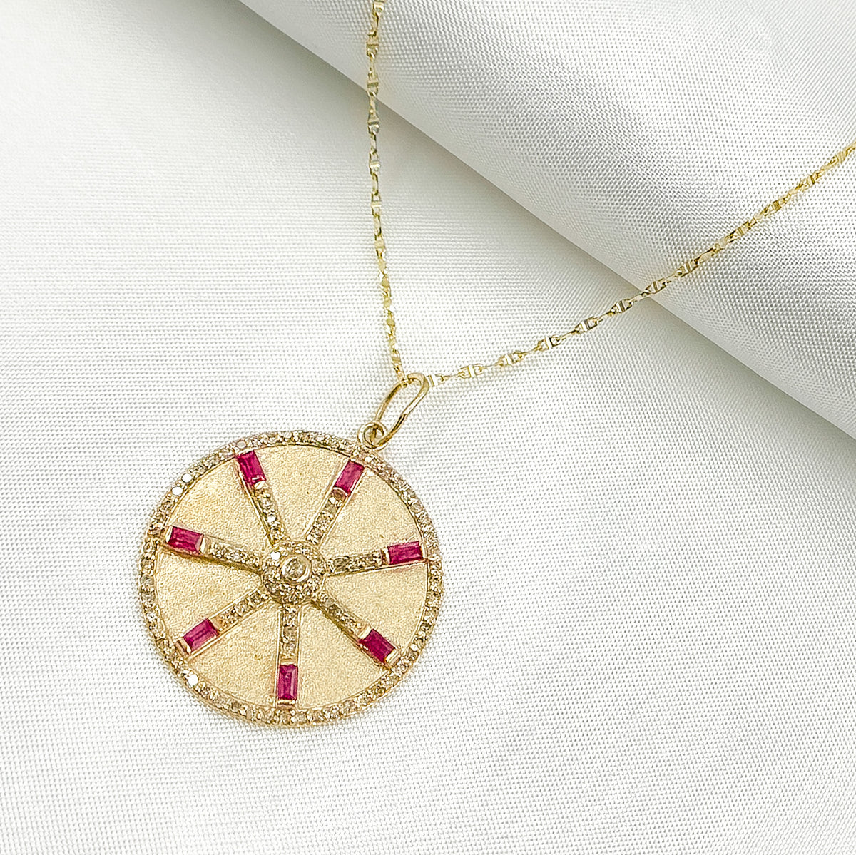 14K Solid Gold Diamonds Circle Charm with Lines and Gemstones. GDP567