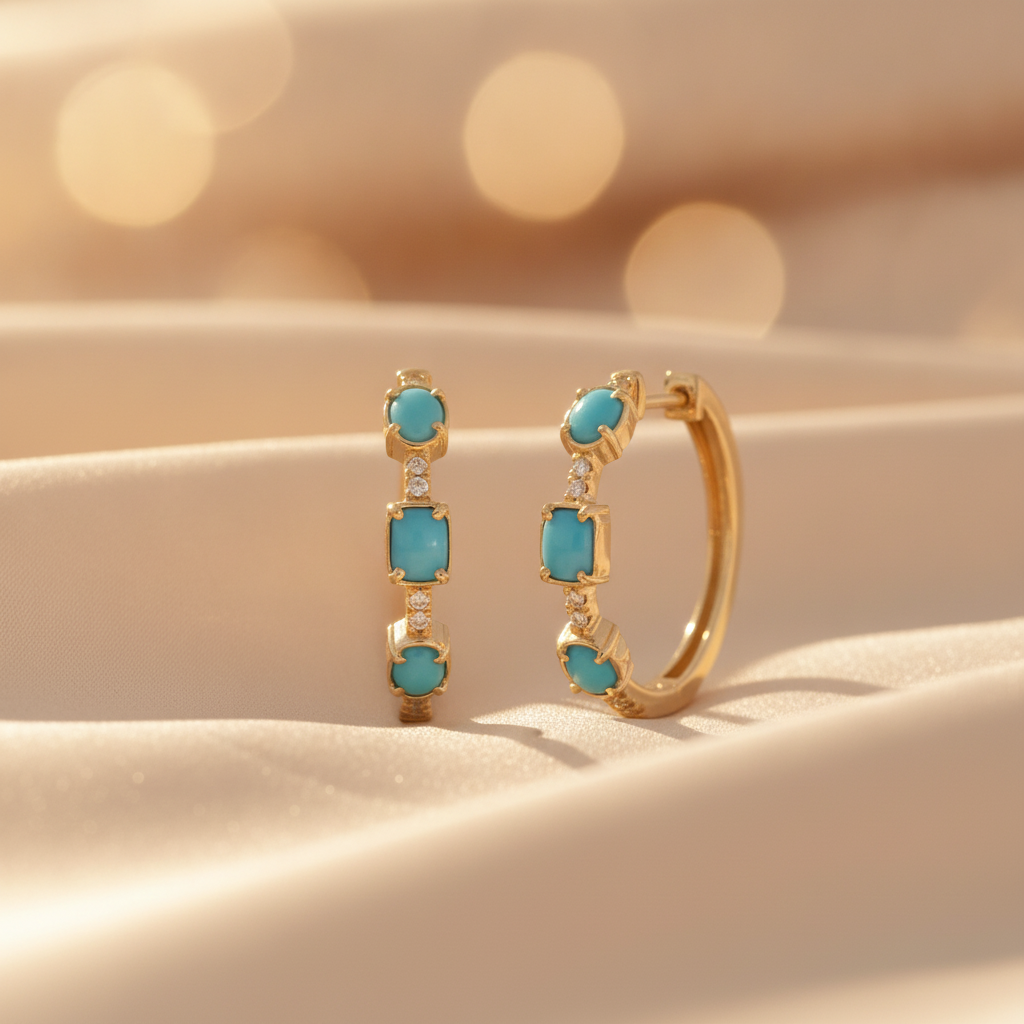 EHB57701TQ. 14K Solid Gold Turquoise and Diamond Hoops