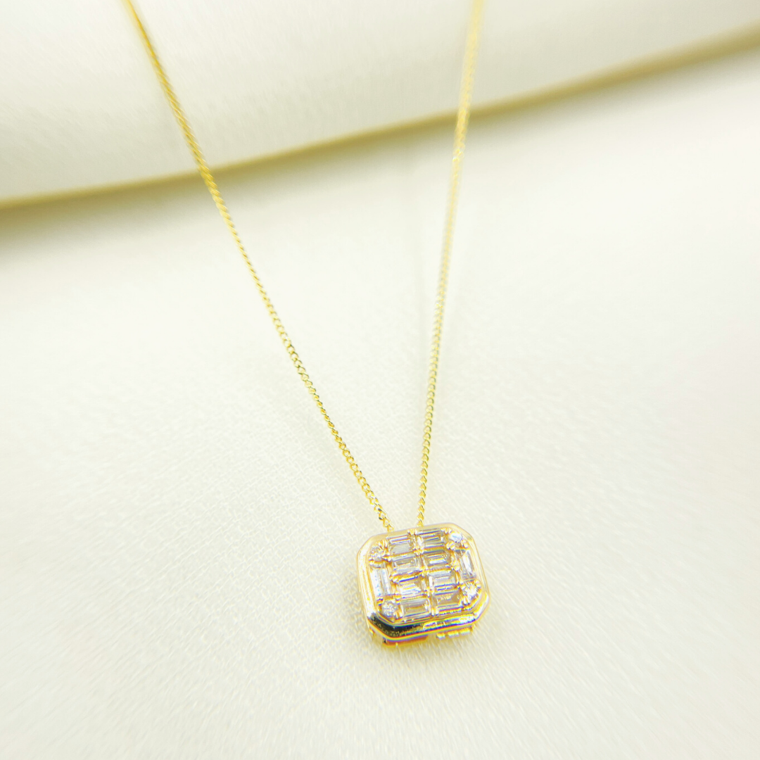 14k Solid Gold Diamond Rectangle Necklace. PFD32461