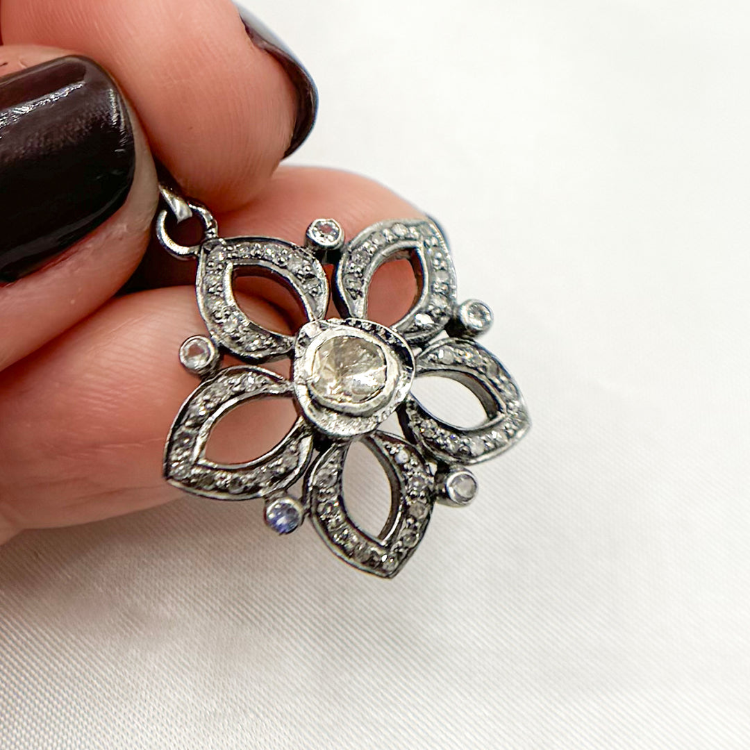 DP218. Diamond Sterling Silver Flower Pendant with Gemstone