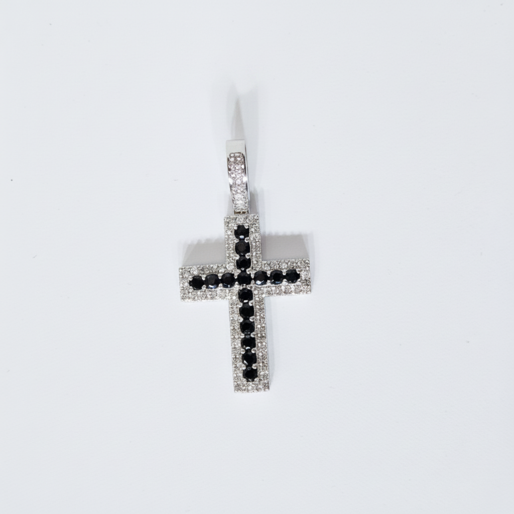 PFC44469BS. 14K Solid Gold Cross Diamond and Blue Sapphire Charm