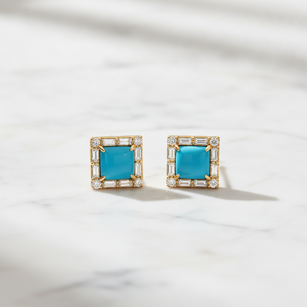 EFG54376TQ. 14K Solid Gold Diamond and Turquoise Fancy Studs