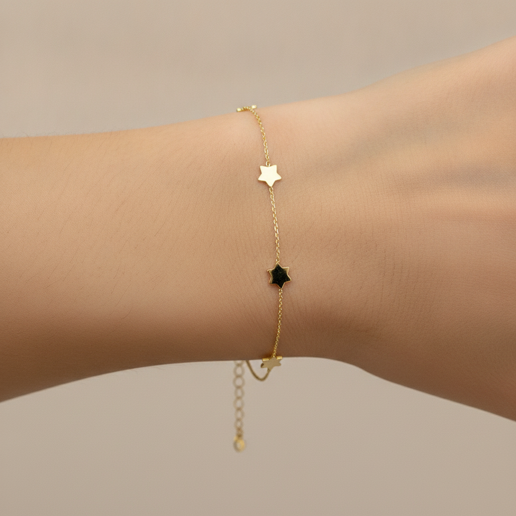 BRSET419/L. 14k Solid Yellow Gold Star Link Bracelet