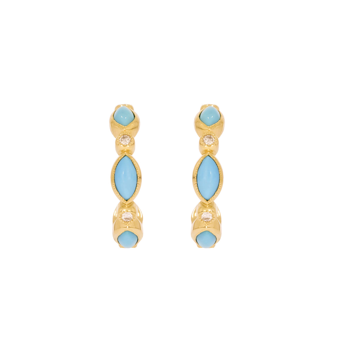 CE97071TQ5X2.5. 14K Solid Gold Diamonds and Turquoise Hoops