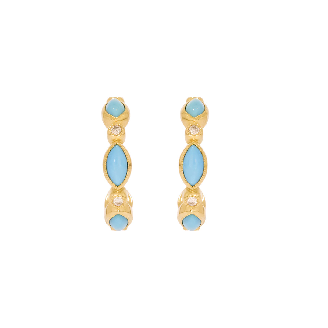 CE97071TQ5X2.5. 14K Solid Gold Diamonds and Turquoise Hoops