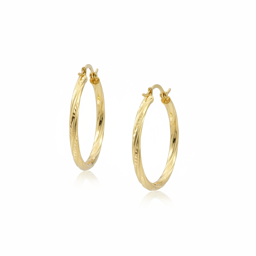GER60. 14K Solid Gold Engraved Tornado Hollow Hoop Earrings