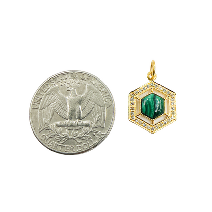 GDP316. 14K Solid Gold Hexagon Shape Charm with Diamonds and Malachite or Emerald