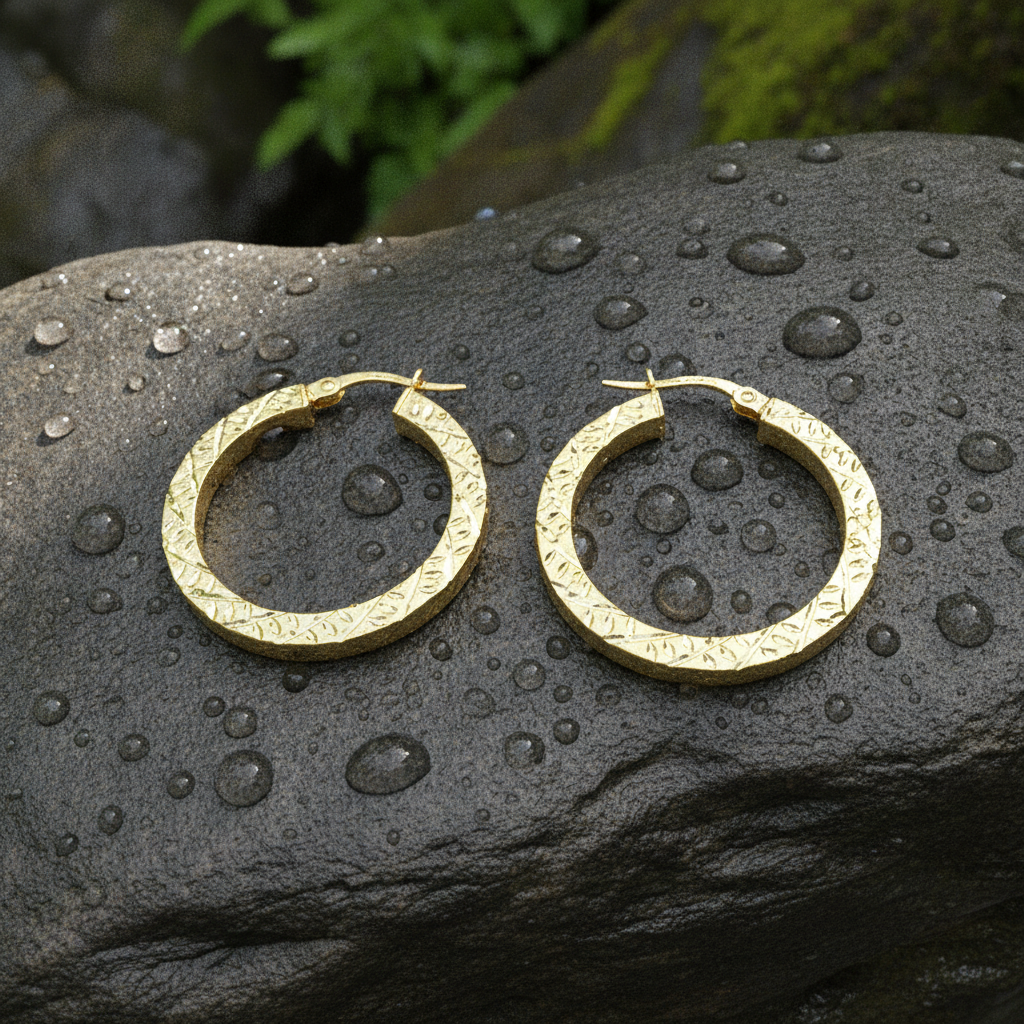 GER166. 14K Gold Hollow Flat Diamond Cut Hoop