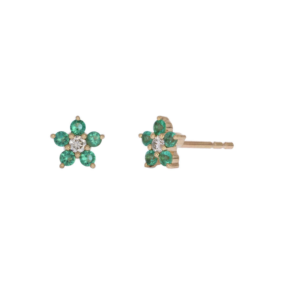 CE97507EM1.8. 14K Solid Gold Diamond and Emerald Flower Stud Earrings