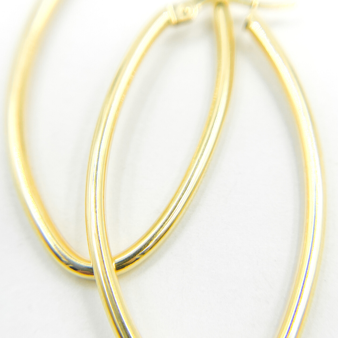 GER53. 14K Solid Gold Oval Shape Hollow Hoop Earrings
