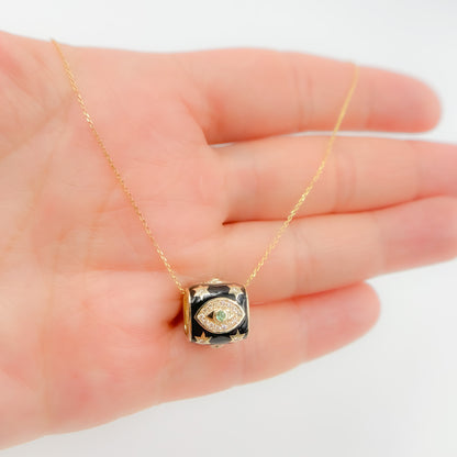 14K Gold Black Enamel and Diamond Evil Eye Design Ring Charm