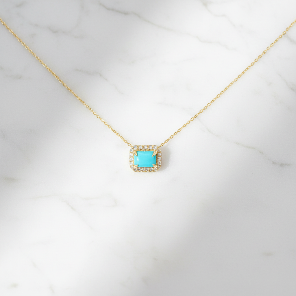NT407129. 14K Solid Gold Octagon Turquoise Fancy Tiny Necklace