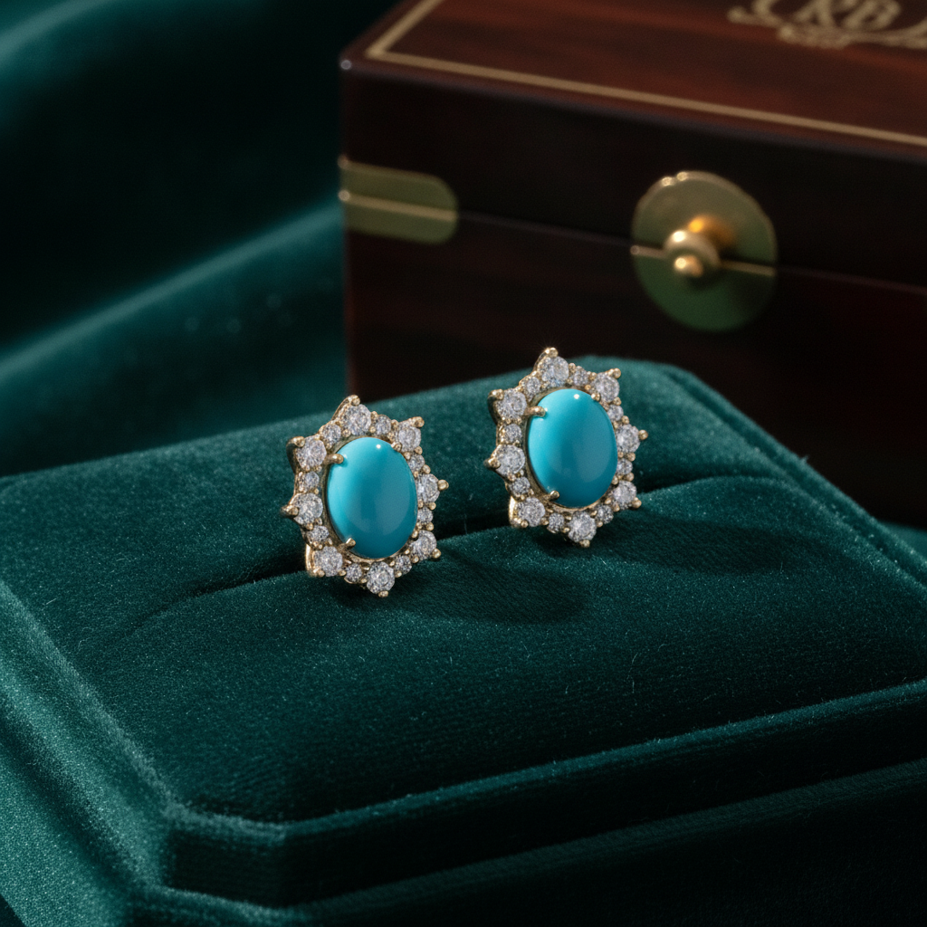 CE96209TQ8X6. 14k Solid Gold Diamond and Turquoise Stud Earrings