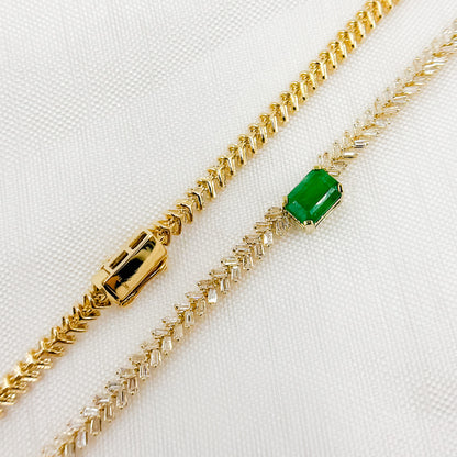 14K Gold Baguette Diamond and Solitaire Emerald Necklace