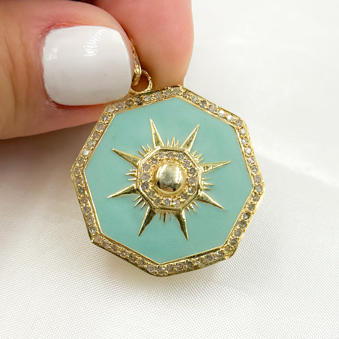 DP748A. Diamond Sterling Silver Octagon Sun Enamel Pendant