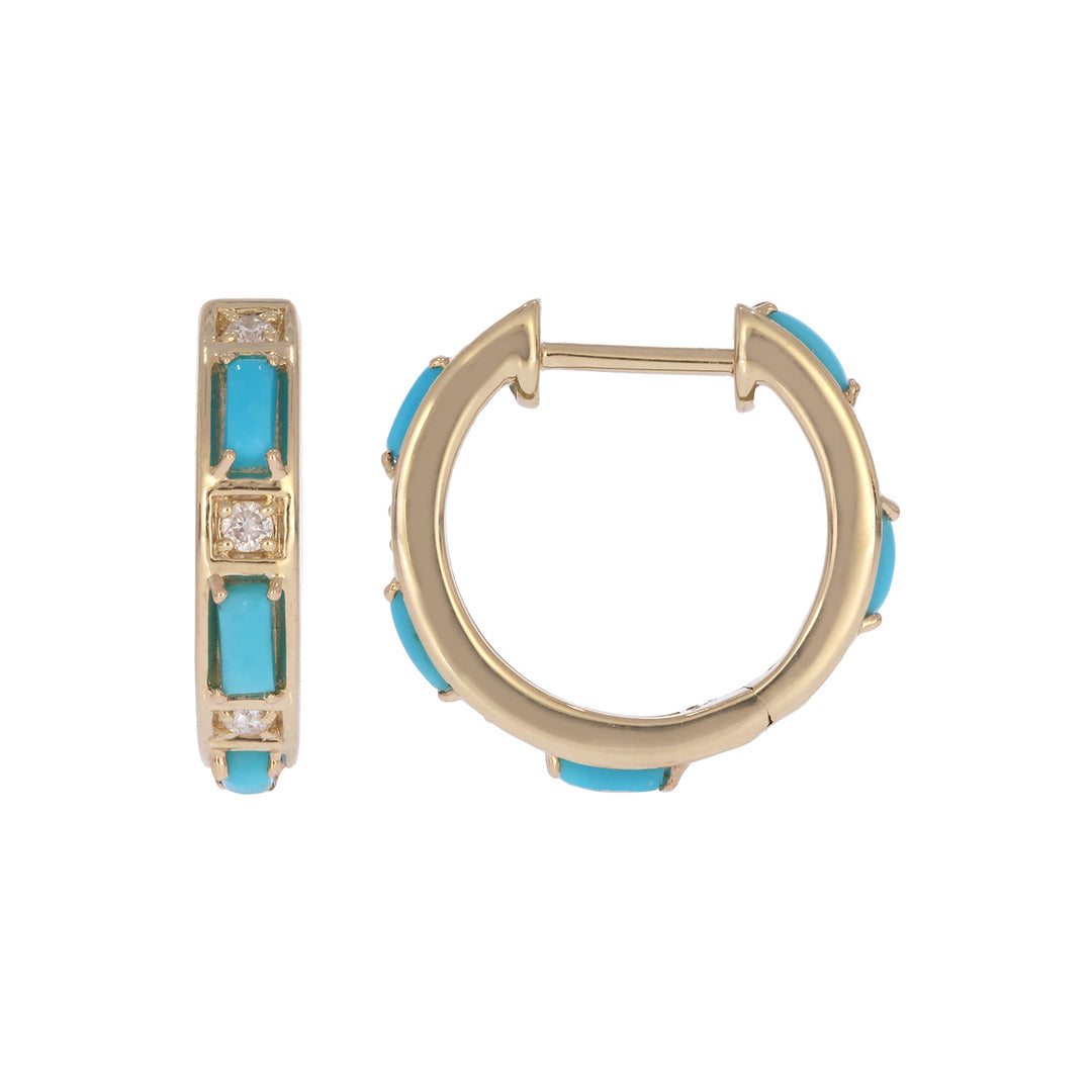 EHC57728TQ. 14K Solid Gold Turquoise and Diamond Hoops