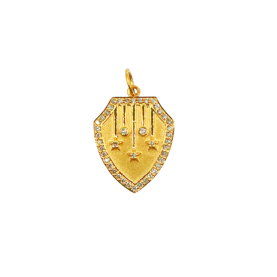 14K Solid Gold Shield Charm with Diamonds and Stars in the center. GDP161