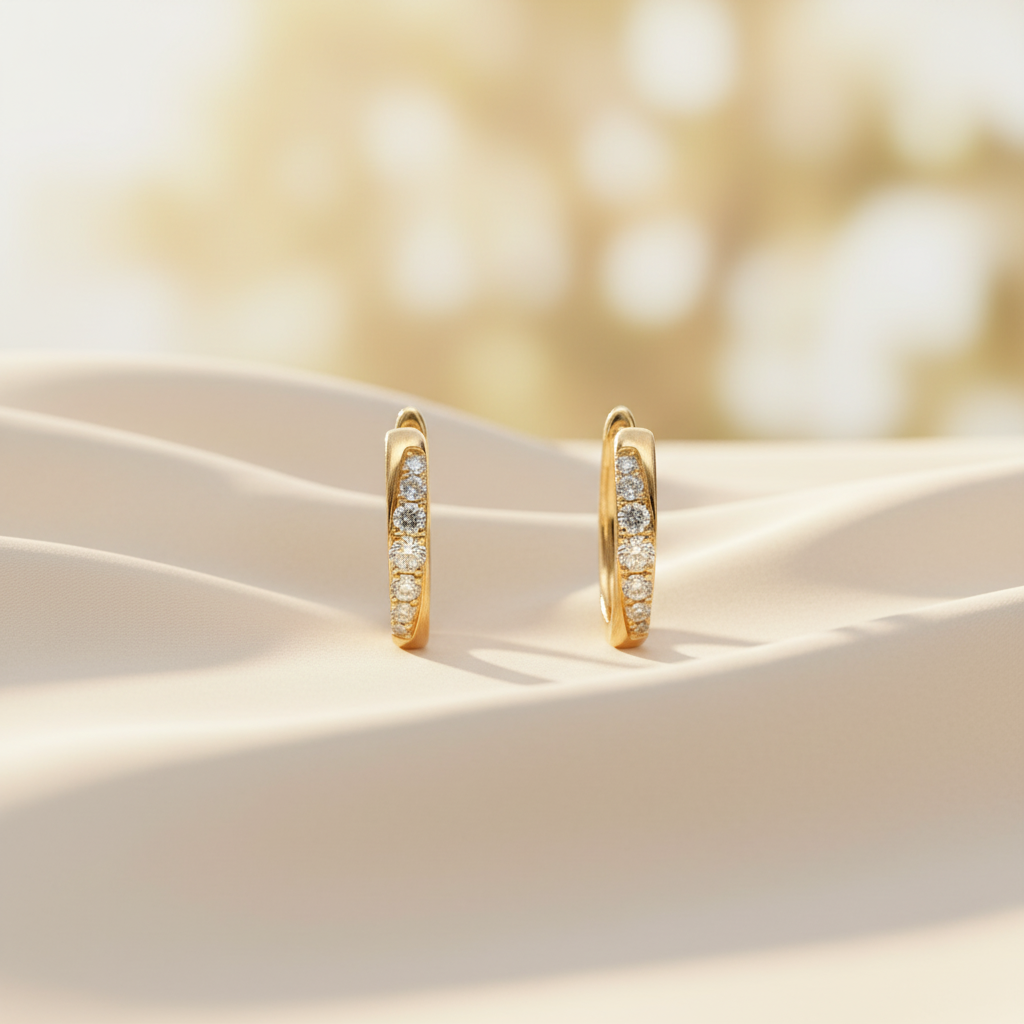 EHD57618. 14k Solid Yellow Gold Diamond Huggie Hoop Earrings