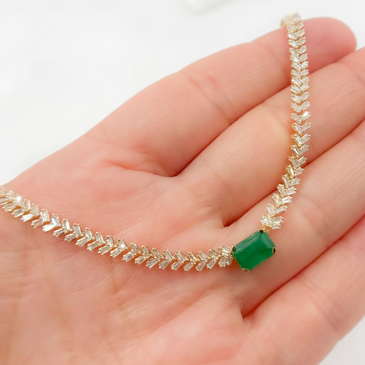 Gold Baguette Diamond and Solitaire Emerald Necklace