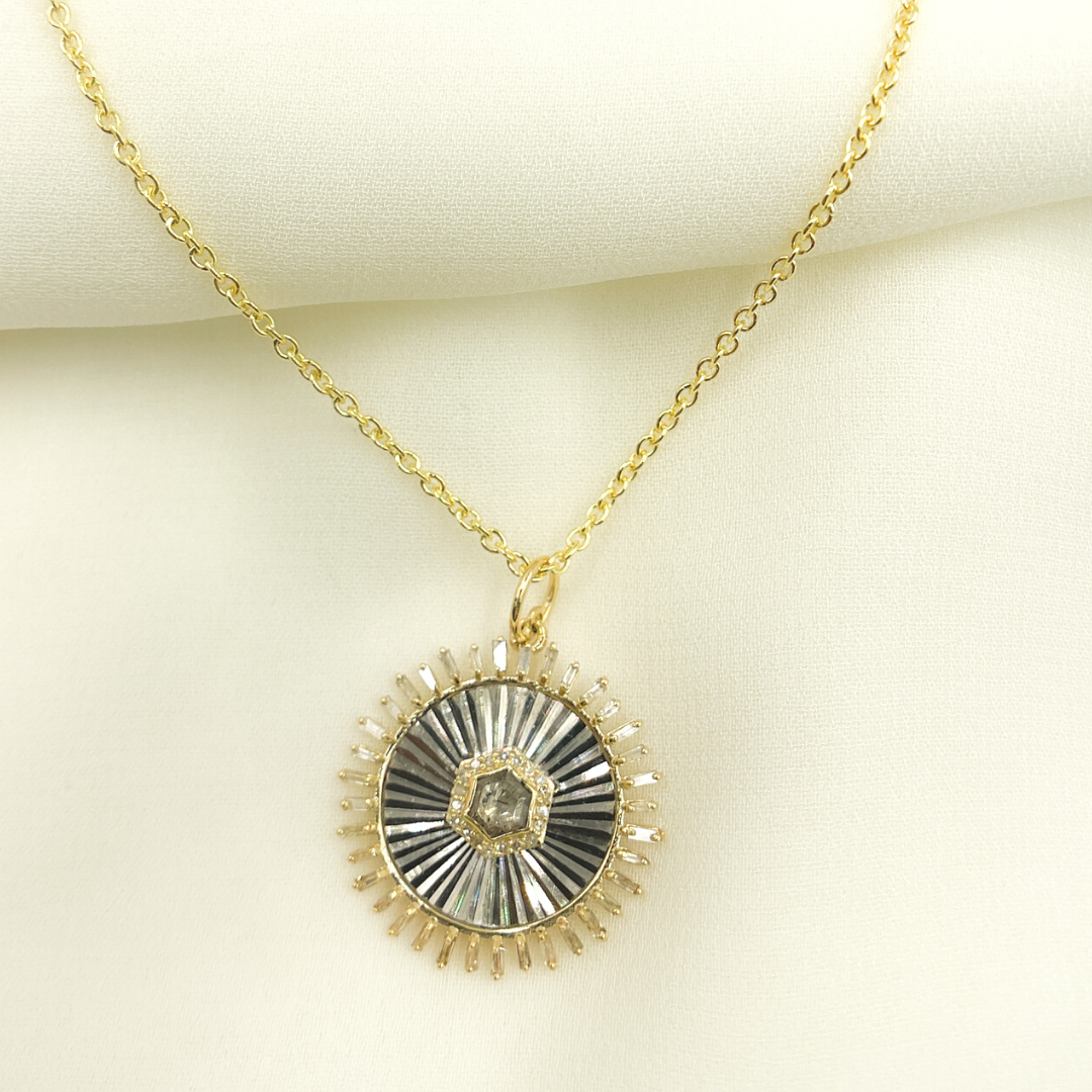 KSG38. Black Rhodium Sterling Silver with 14K Gold and Diamonds Circle Shape Charm