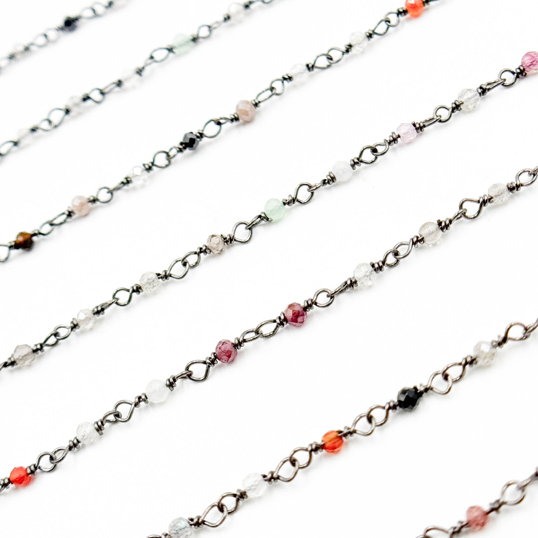 MGS26. Multi Gem Stone Faceted Roundel Wire Wrapped Chain