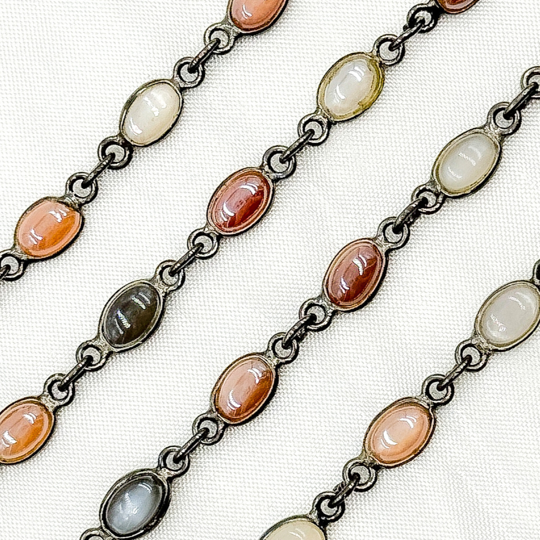 CMS106. Coated Multi Moonstone Oval Shape Bezel Oxidized Wire Chain
