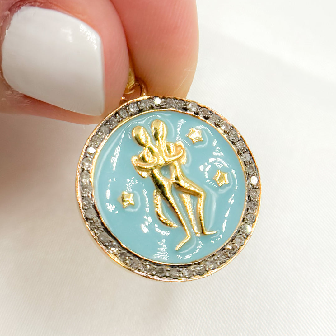 DP610A. Diamond Sterling Silver Round Gemini Zodiac Enamel Pendant