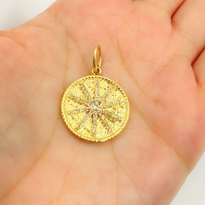 14K Solid Gold with Diamonds Circle Shape Charm with Star in the Center. KG27