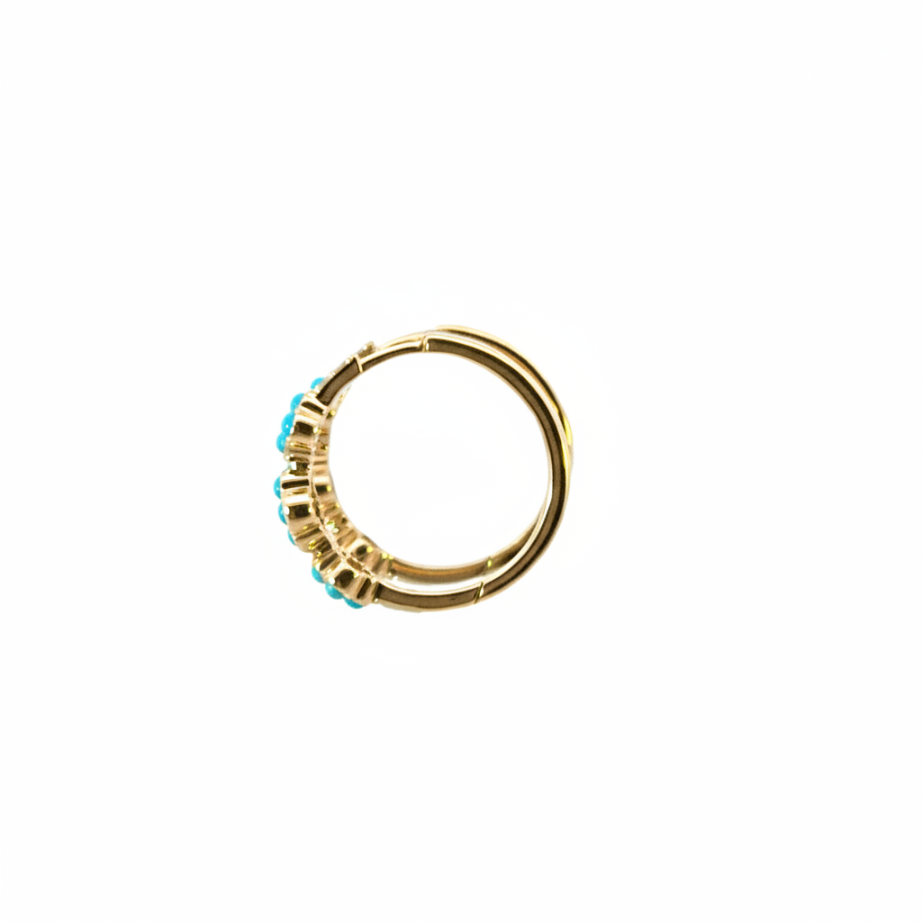 HP402565. 14k Solid Gold Diamond and Turquoise Fancy Flower Hoop Earrings