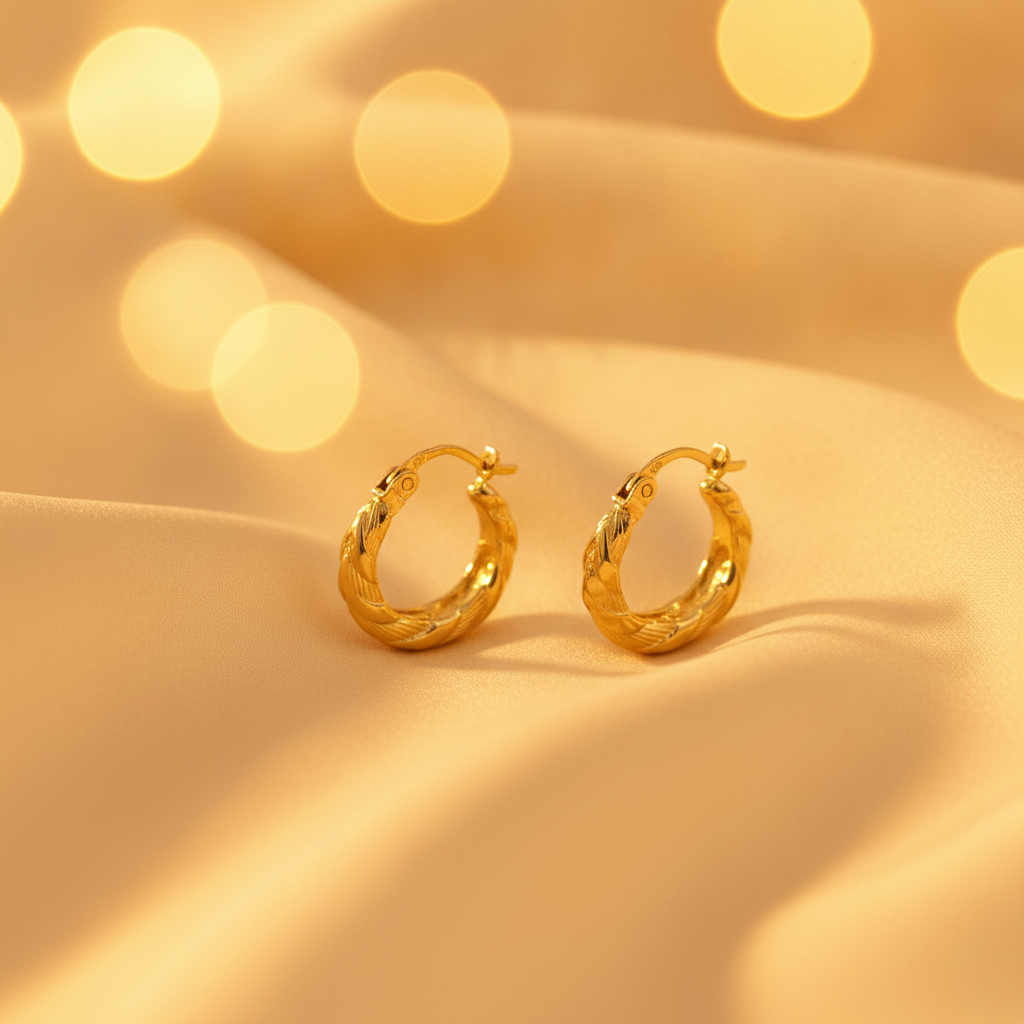GER134. 14K Gold Twisted Hollow Hoop Earrings