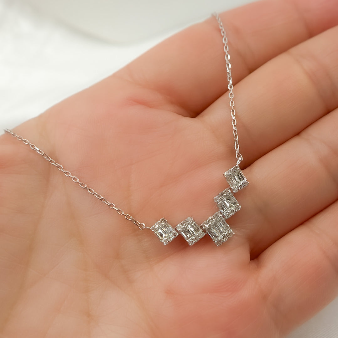 14K Solid Gold Diamond Five Rectangles Necklace