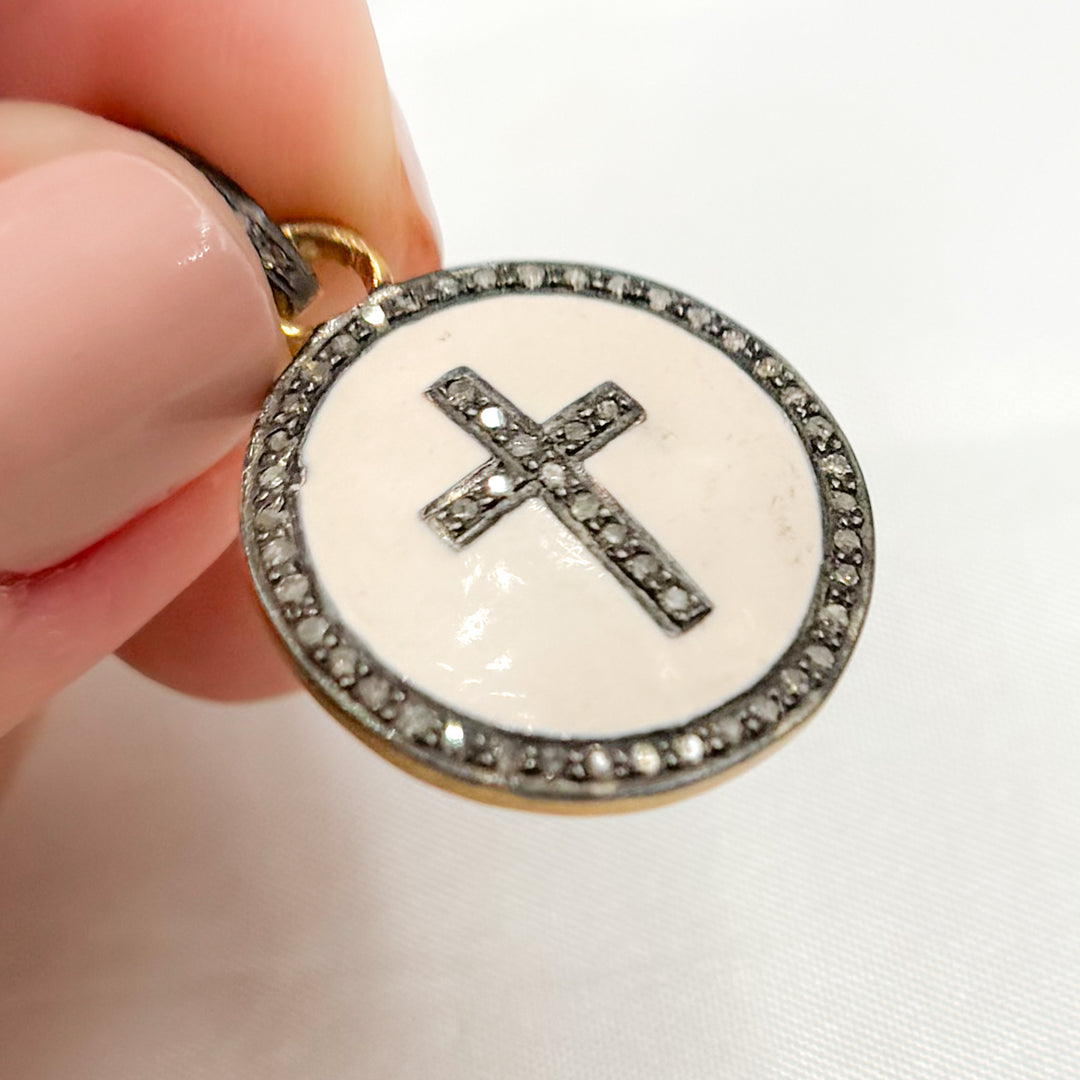 DC548A. Diamond Sterling Silver Round Cross Enamel Pendant