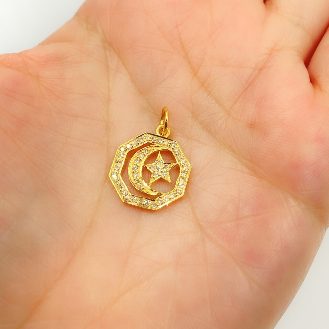 GDP210. 14K Solid Gold Diamond Octagon Moon and Star Charm