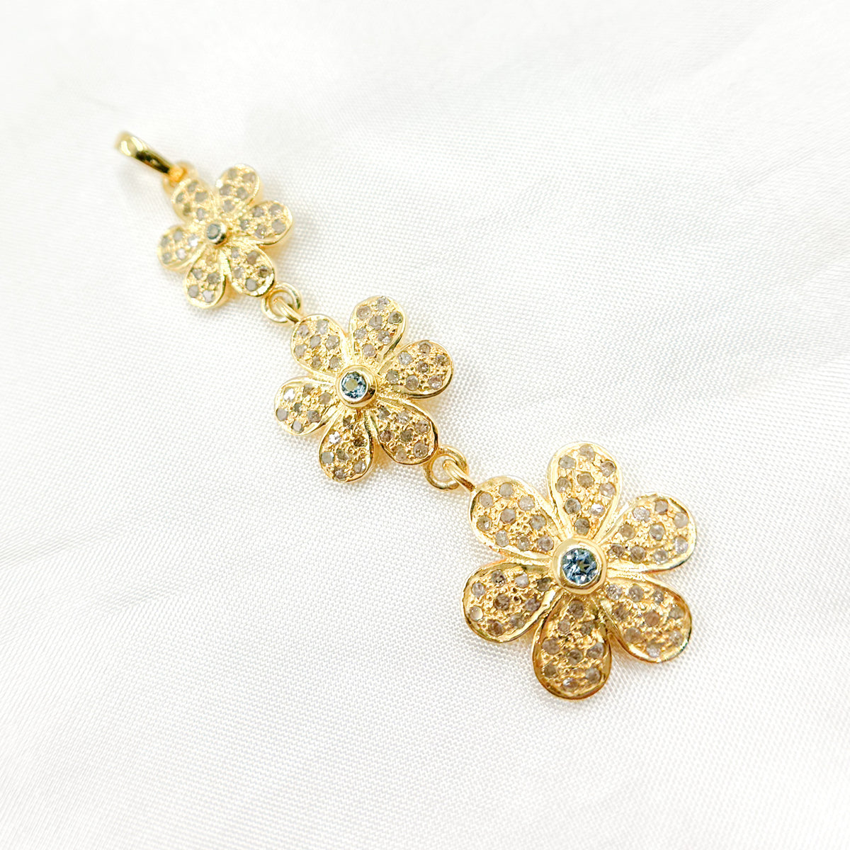 DP216. Diamond Sterling Silver 3 Flower Long Pendant with Gemstone.