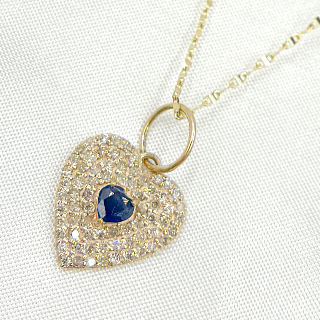 14k Solid Gold Diamond and Blue Sapphire Heart Charm. GDP586