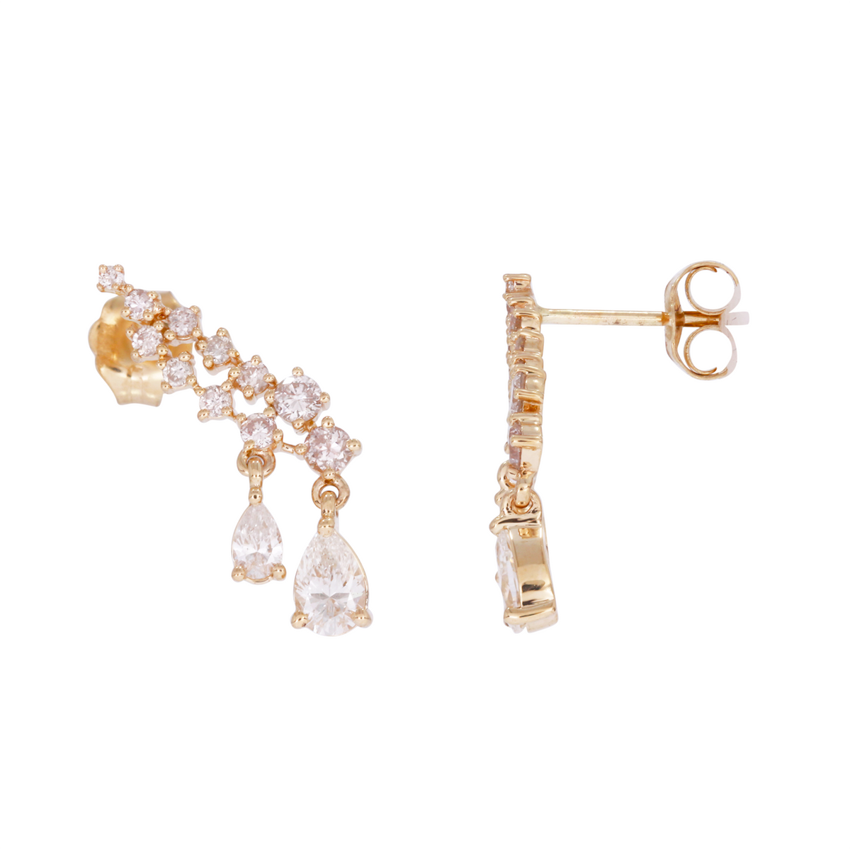 14K Solid Gold Diamond Mother of Pearl Flower Dangle Earrings