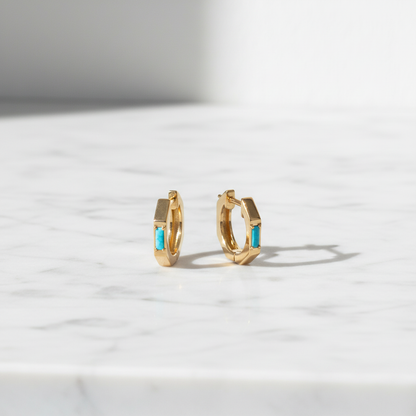 EHZ57587TQ. 14K Solid Gold Octagon Hoop Earrings with Turquoise