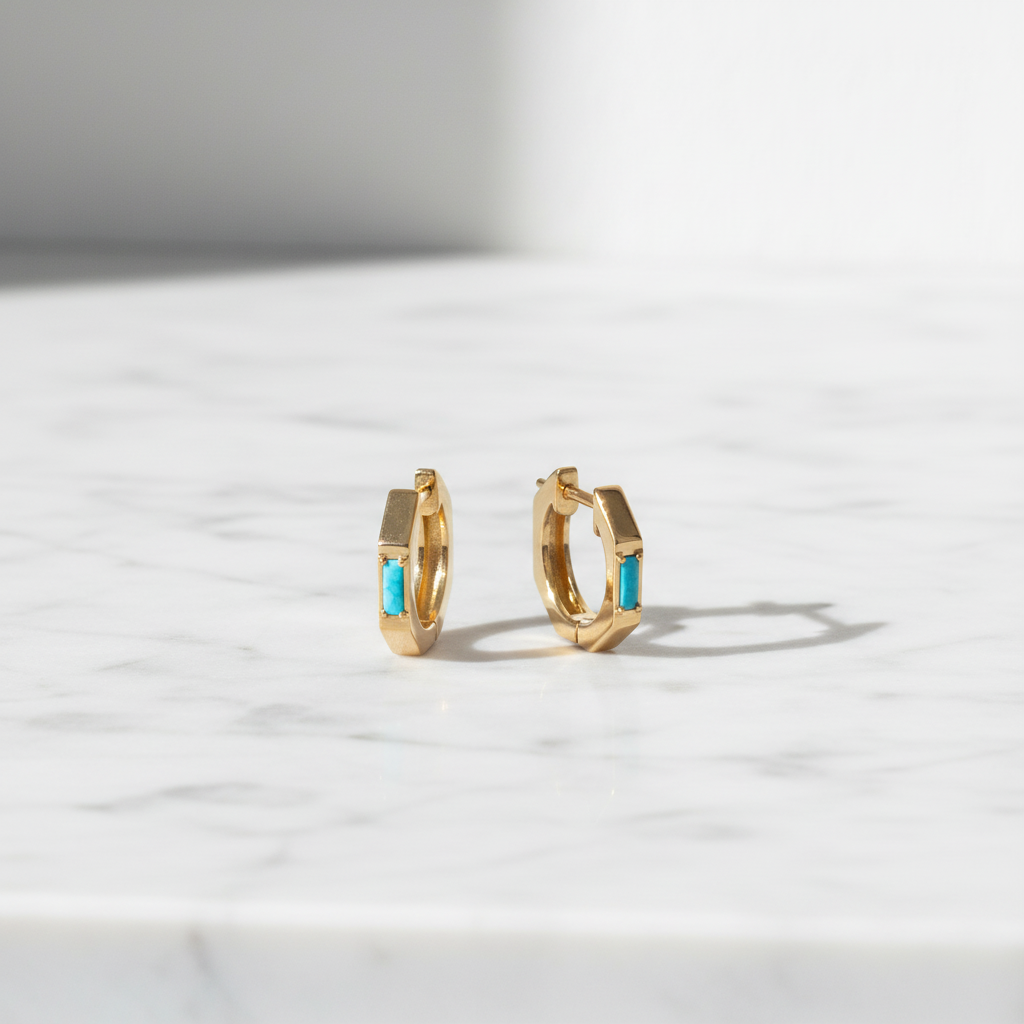 EHZ57587TQ. 14K Solid Gold Octagon Hoop Earrings with Turquoise