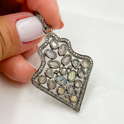 DSP012. Diamond Sterling Silver Fancy Shape Pendant with Gemstone